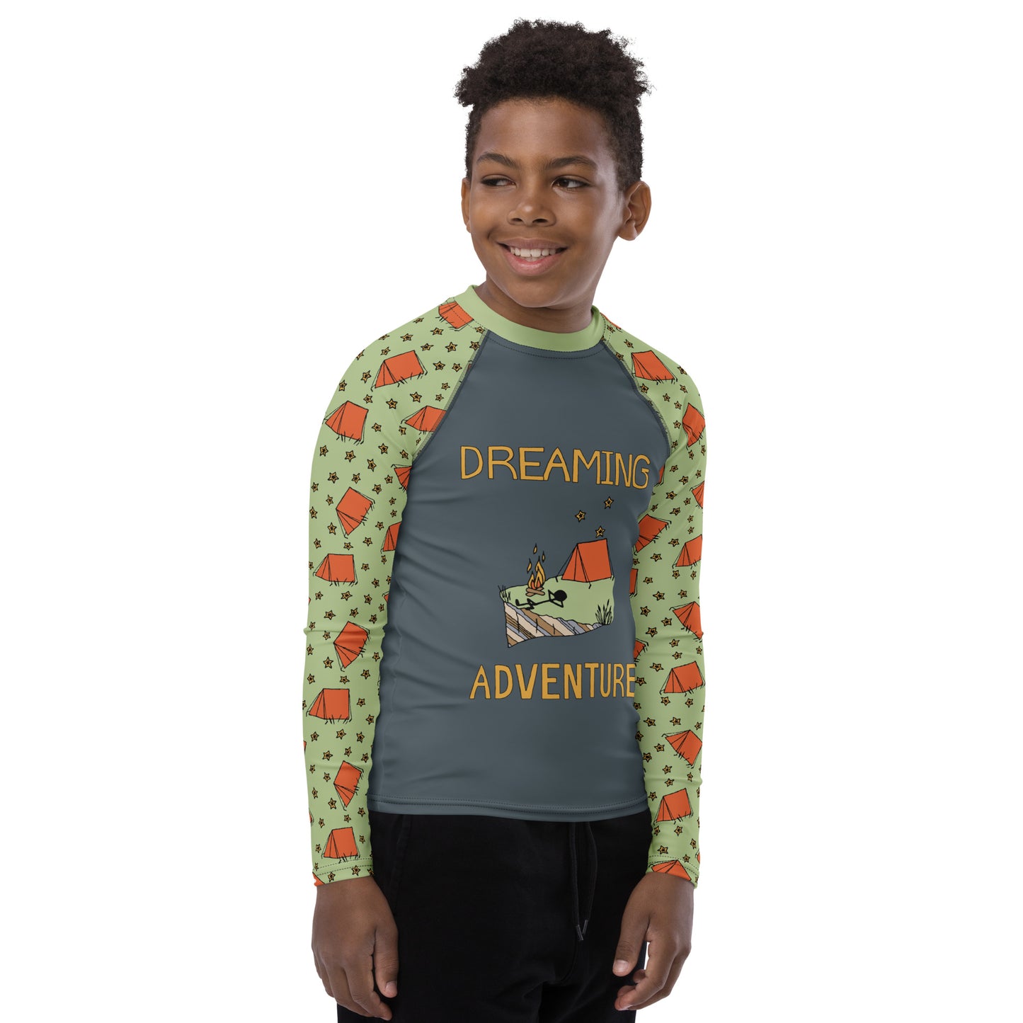 Youth Dark-Blue/Green Camping "Dreaming Adventure" Long-Sleeved Rash Guard Shirt (Size 8-20)