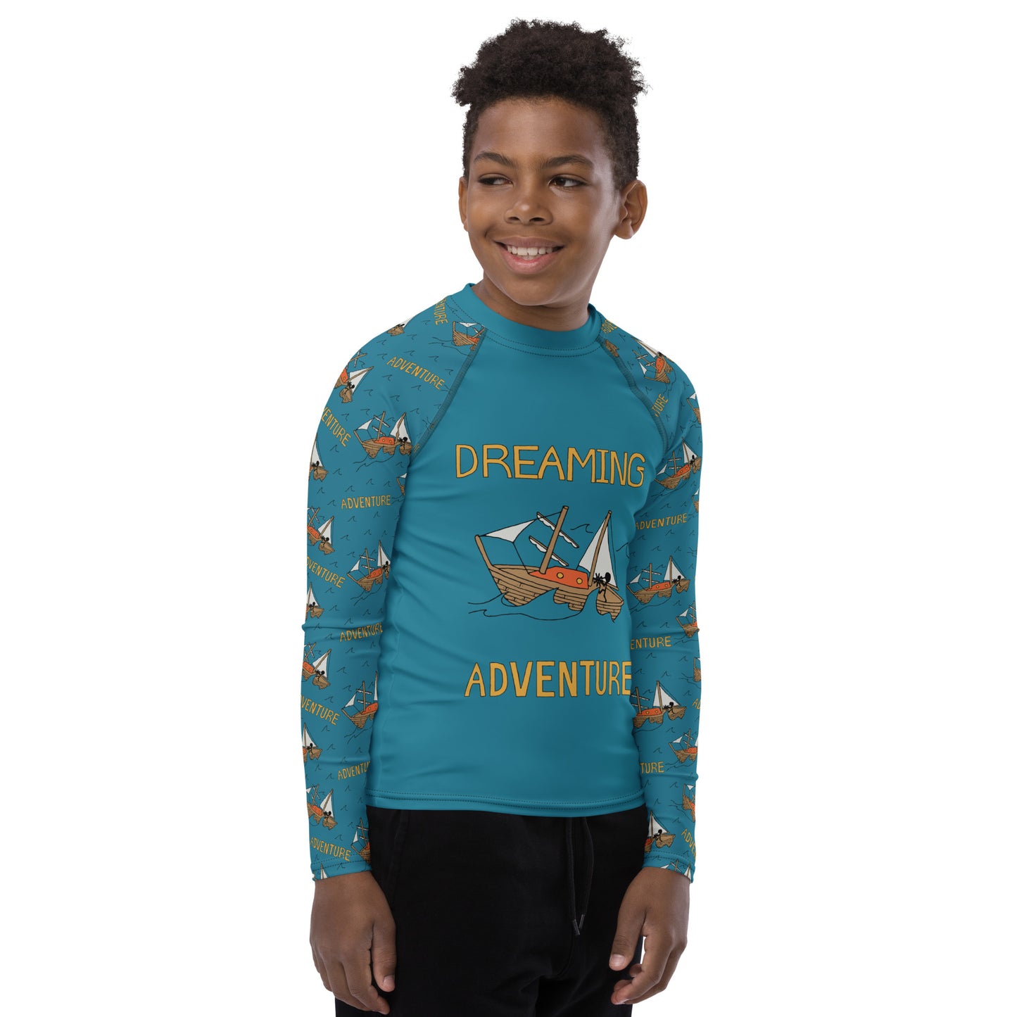 Youth Blue Sailing "Dreaming Adventure" Long-sleeved Rash Guard Shirt (Size 8-20)